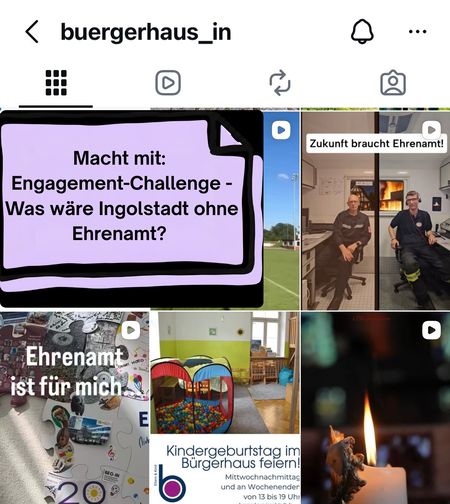 Screenshot des Instagram-Feeds vom Bürgerhaus Ingolstadt mit Aufruf "Macht mit: Engagement Challenge - Was wäre Ingolstadt one Ehrenamt"