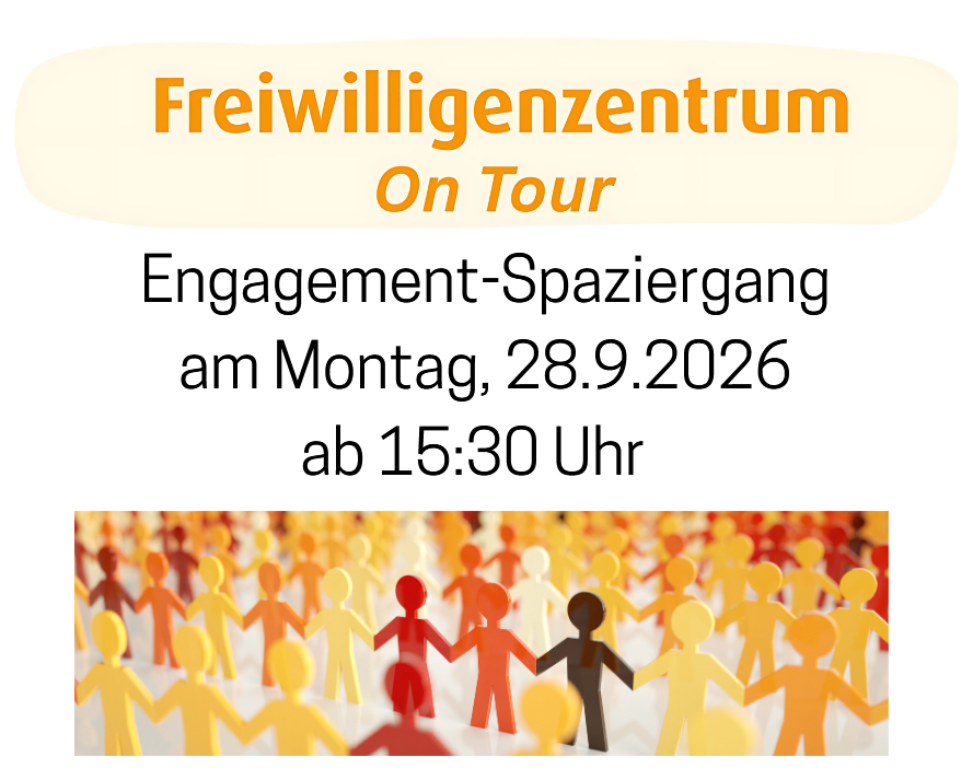 Auschnitt des Flyers zum Engagement-Spaziergang. Logo Freiwilligenzentrum on Tour 